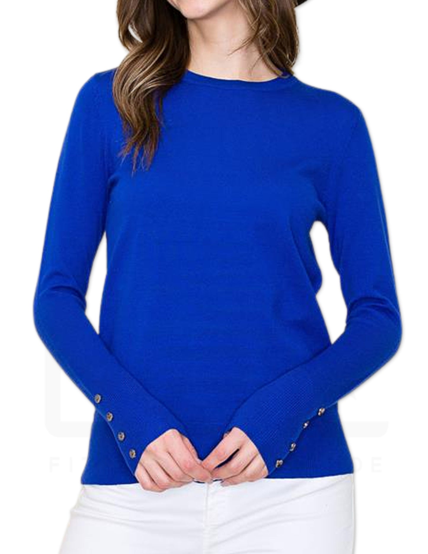 Button Detailed Cuff Pullover Sweater - Royal Blue