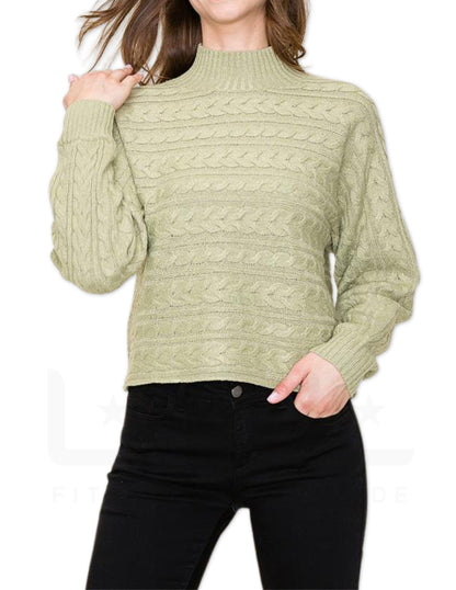 Cable Knit Mock Neck Sweater - Sage