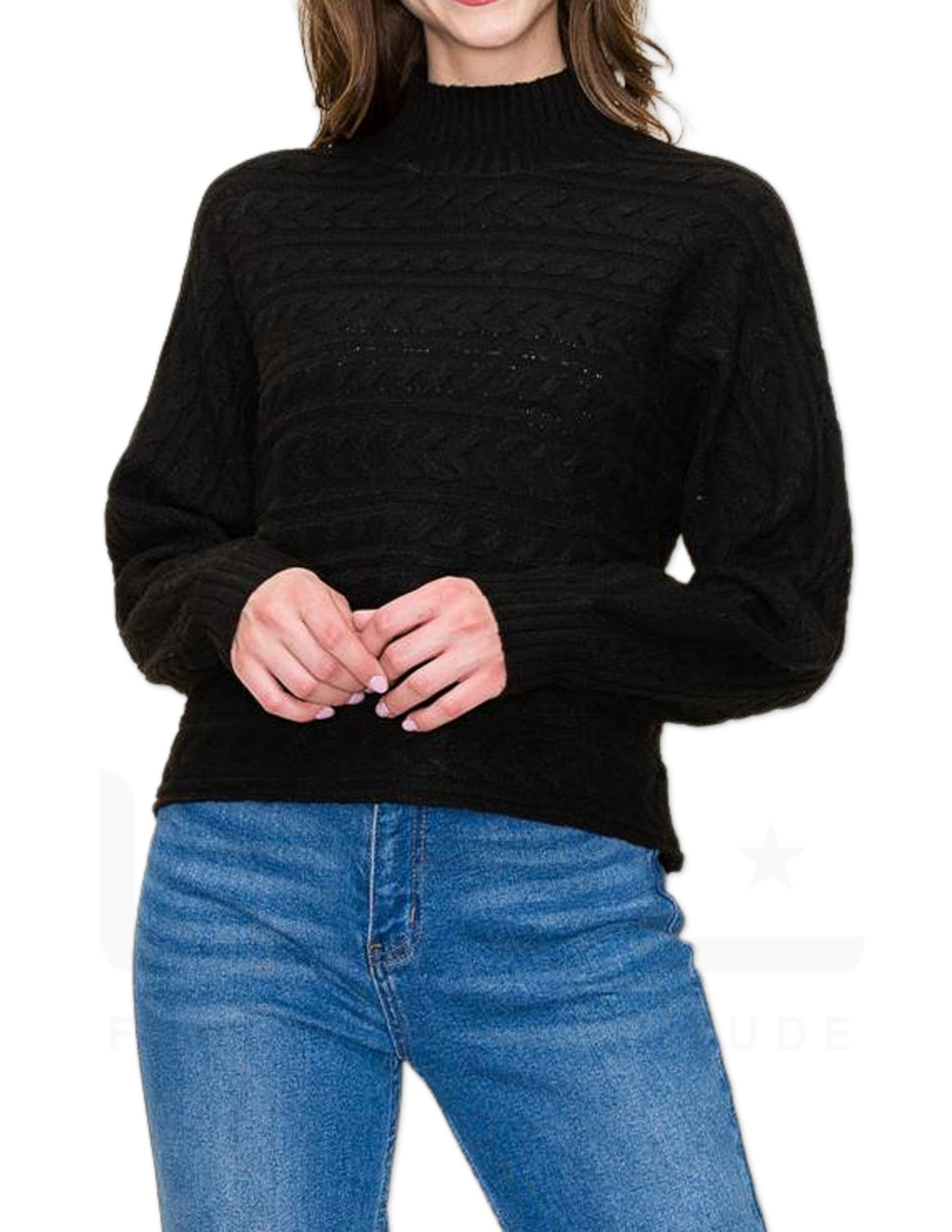 Cable Knit Mock Neck Sweater - Black