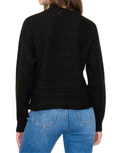 Cable Knit Mock Neck Sweater - Black