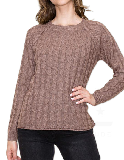 Cable Knit Raglan Sleeve Sweater - Cappuccino