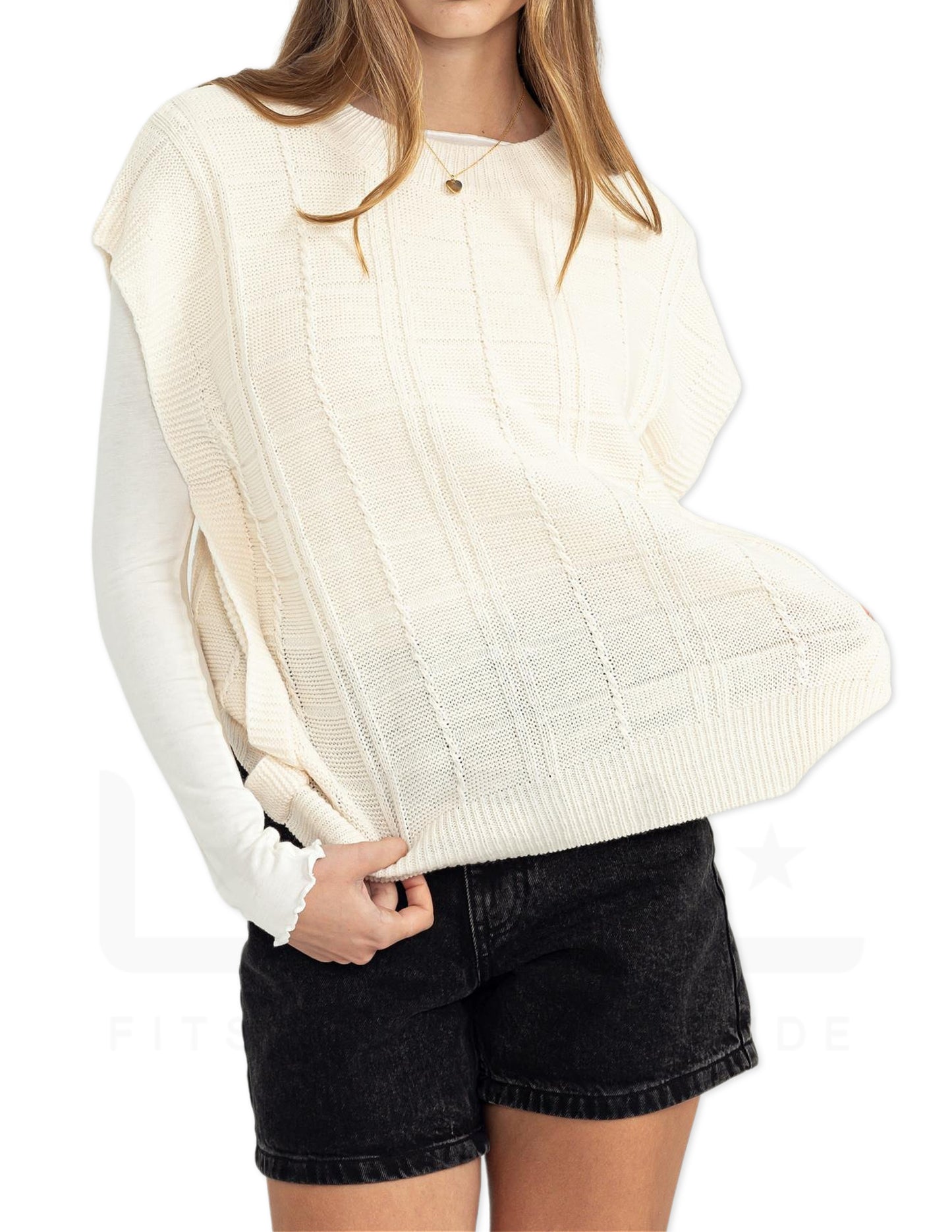 Sleeveless Oversized Cable Knit Sweater Vest - Cream