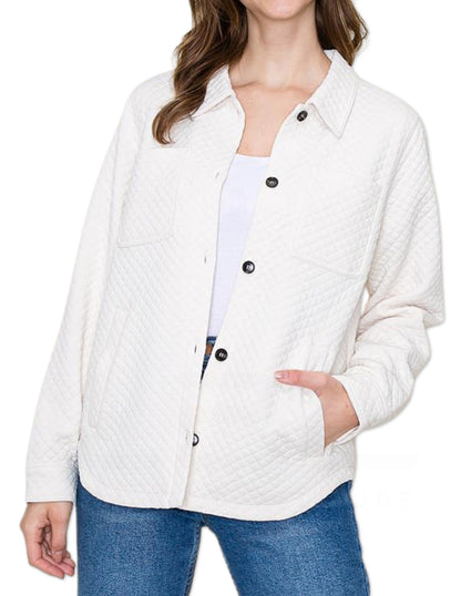 Collared Quilted Shirt Jacket - Cream