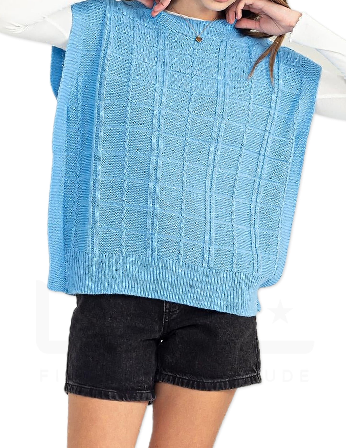 Sleeveless Oversized Cable Knit Sweater Vest - Medium Blue