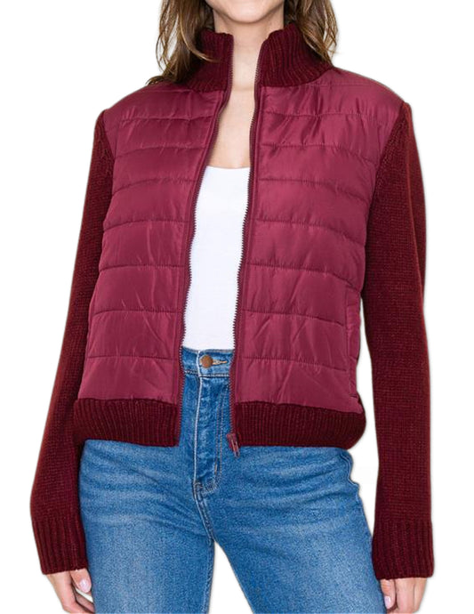High Collar Hybrid Sweater Jacket - Burgundy