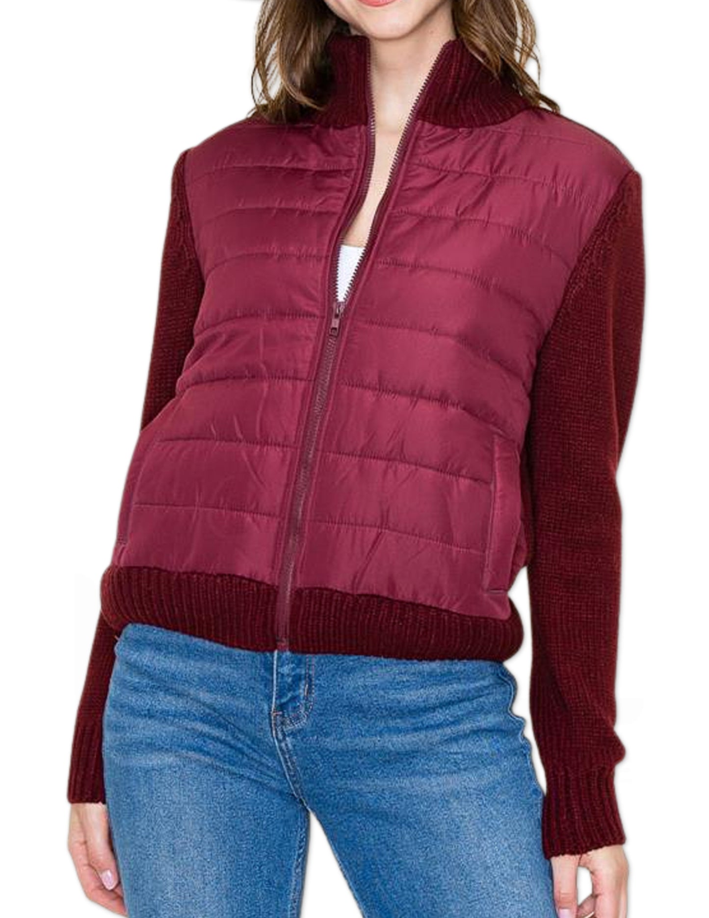 High Collar Hybrid Sweater Jacket - Burgundy