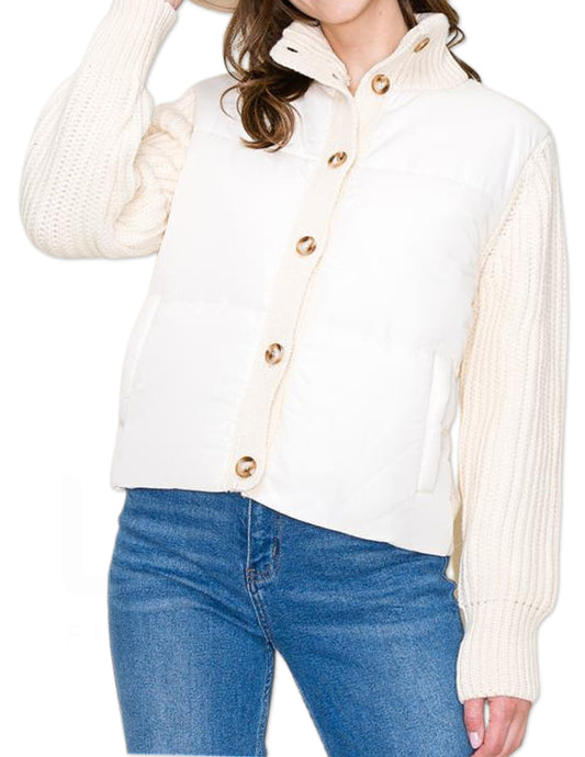 High Collar Hybrid Button Down Sweater - Cream