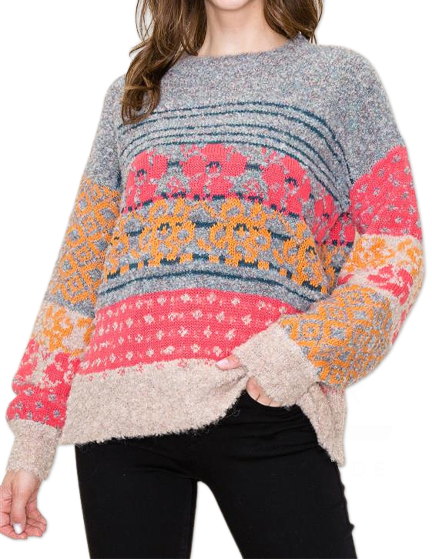 Boucle Yarn Floral and Stripe Sweater - Forest