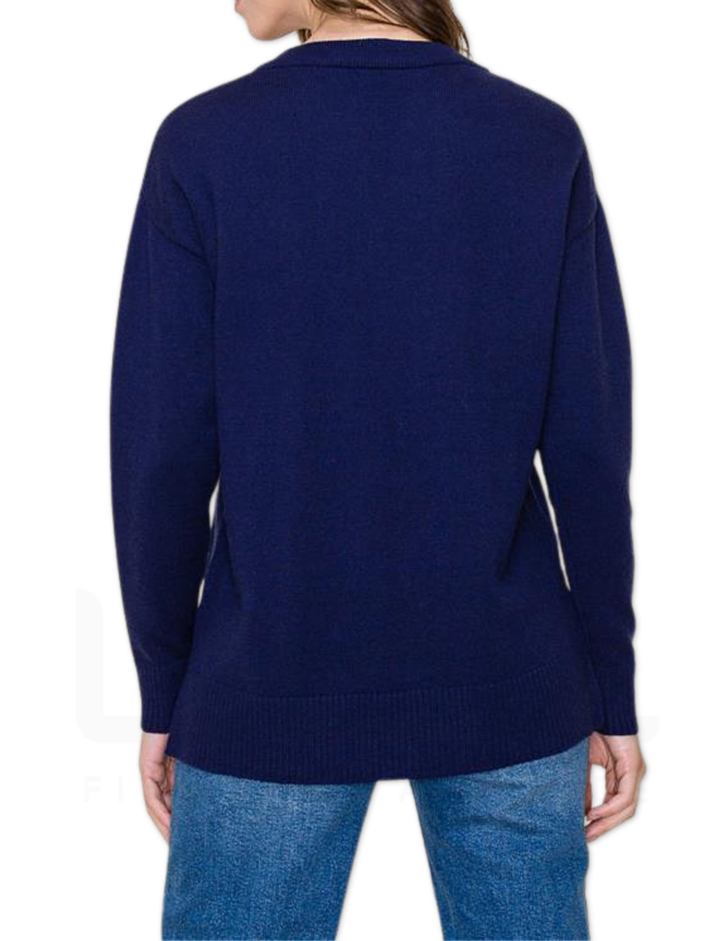Split Neck Pullover Sweater - Navy