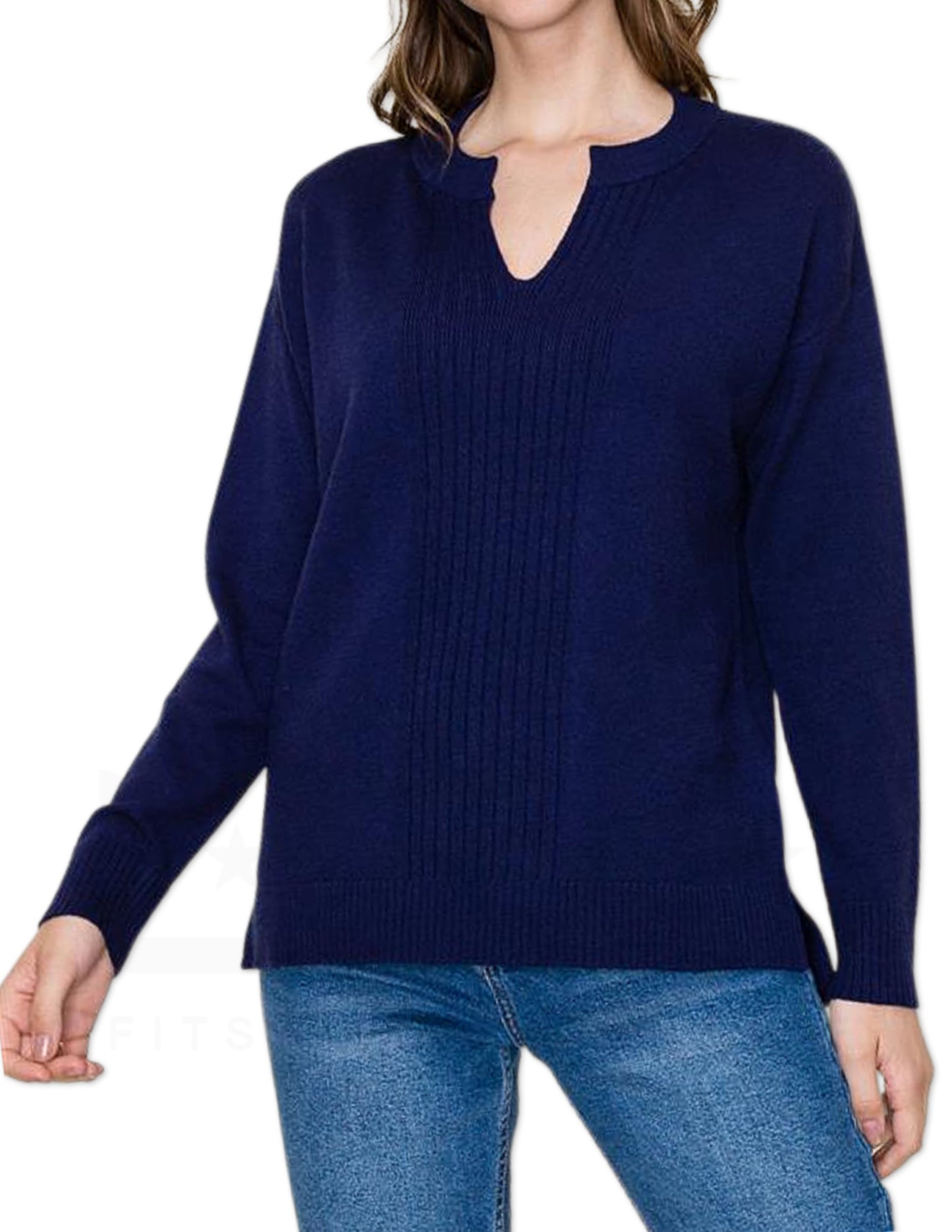 Split Neck Pullover Sweater - Navy