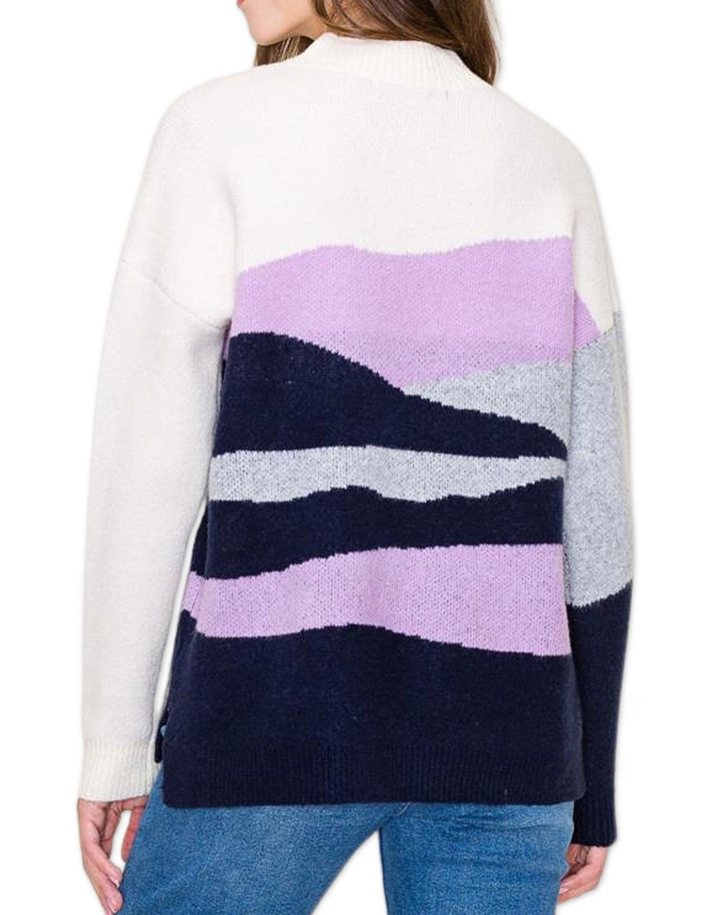 Color Block Mock Neck Sweater - Lavender and Navy