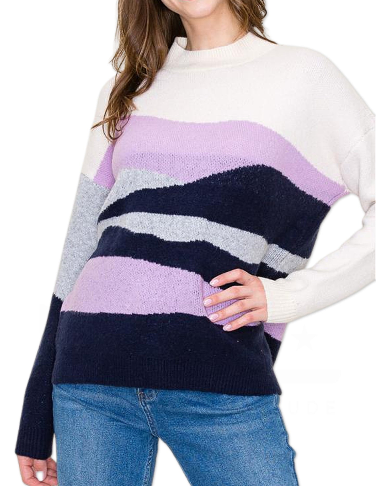 Color Block Mock Neck Sweater - Lavender and Navy