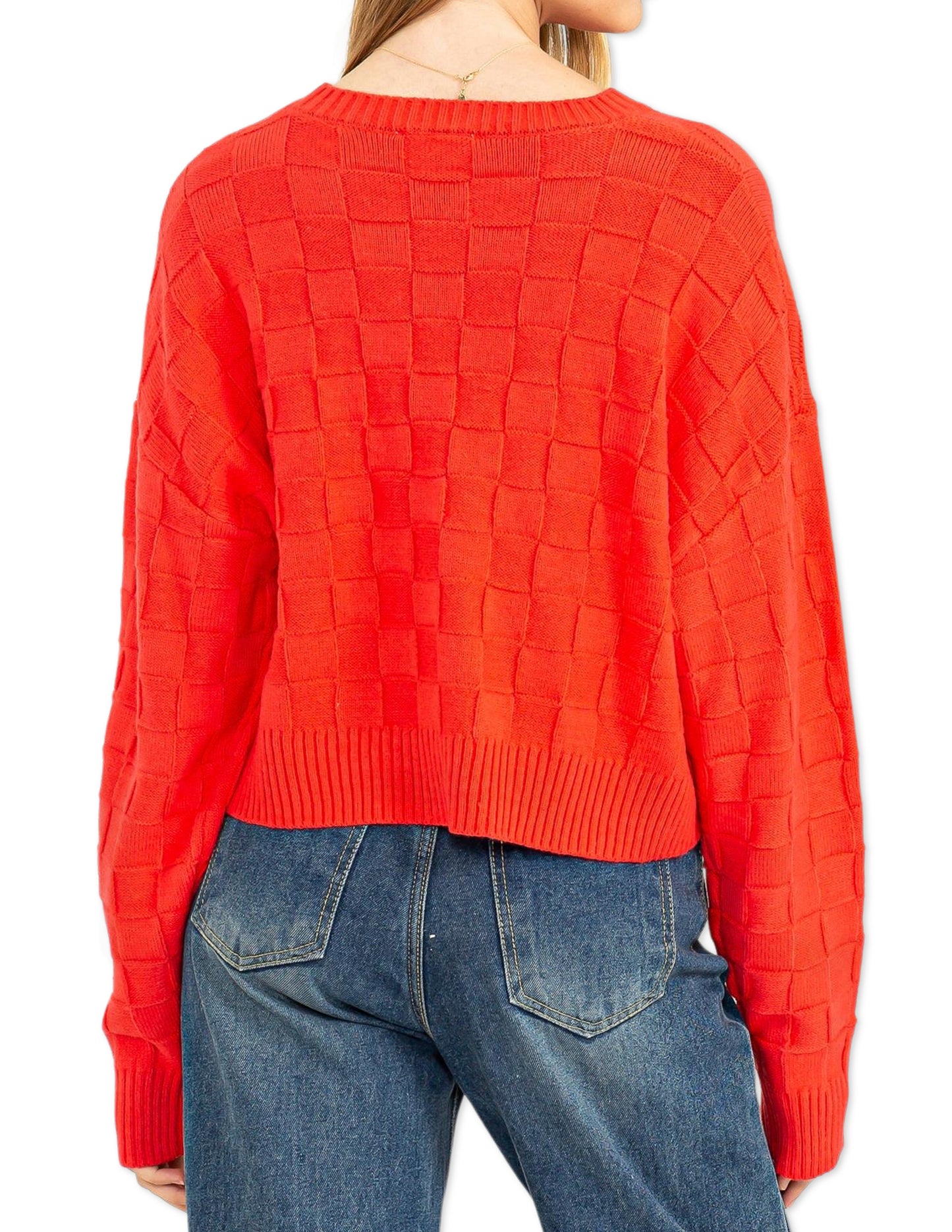 Square Texture Long Sleeve Sweater - Red