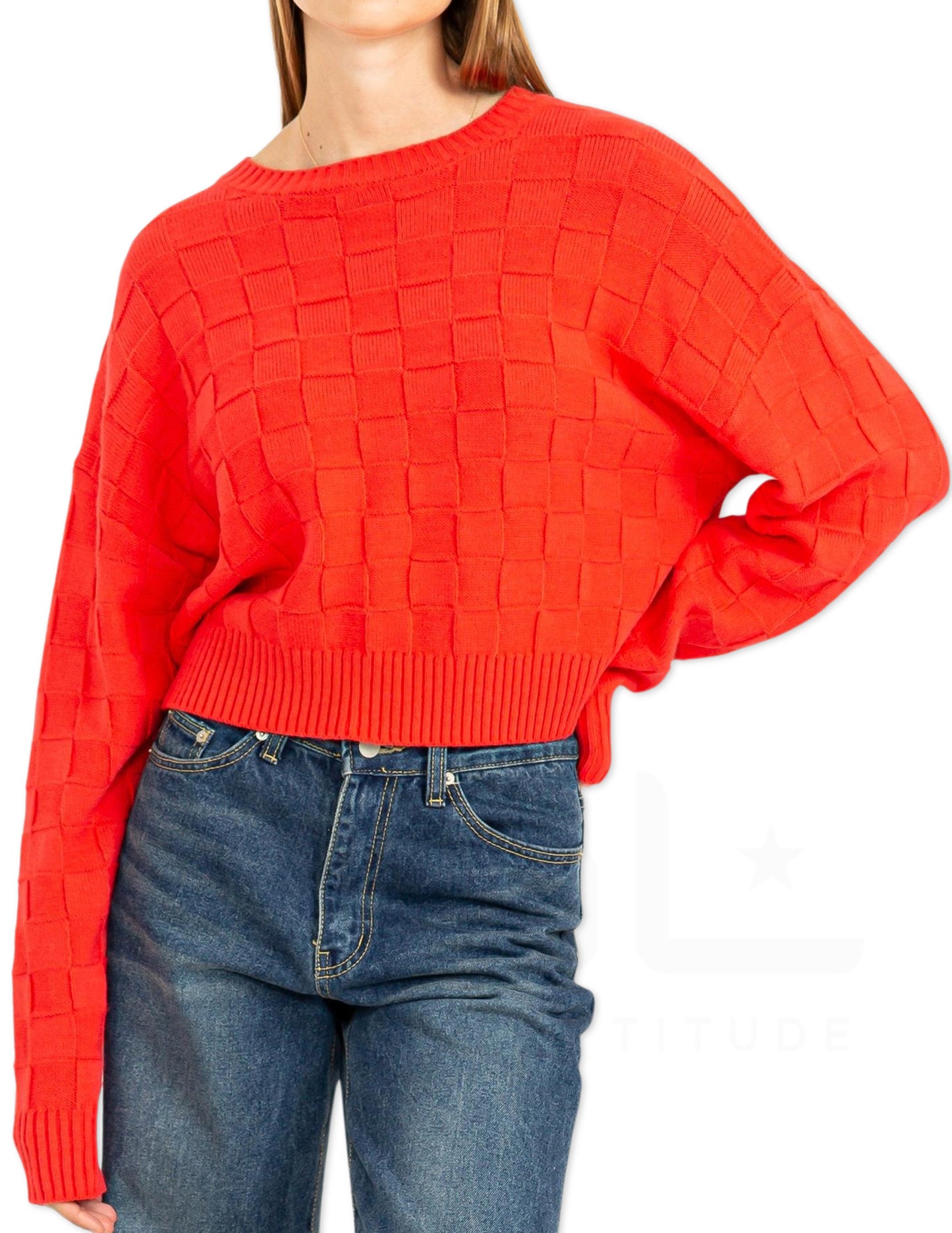Square Texture Long Sleeve Sweater - Red