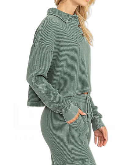 Collared Button Front Top - Grey Green