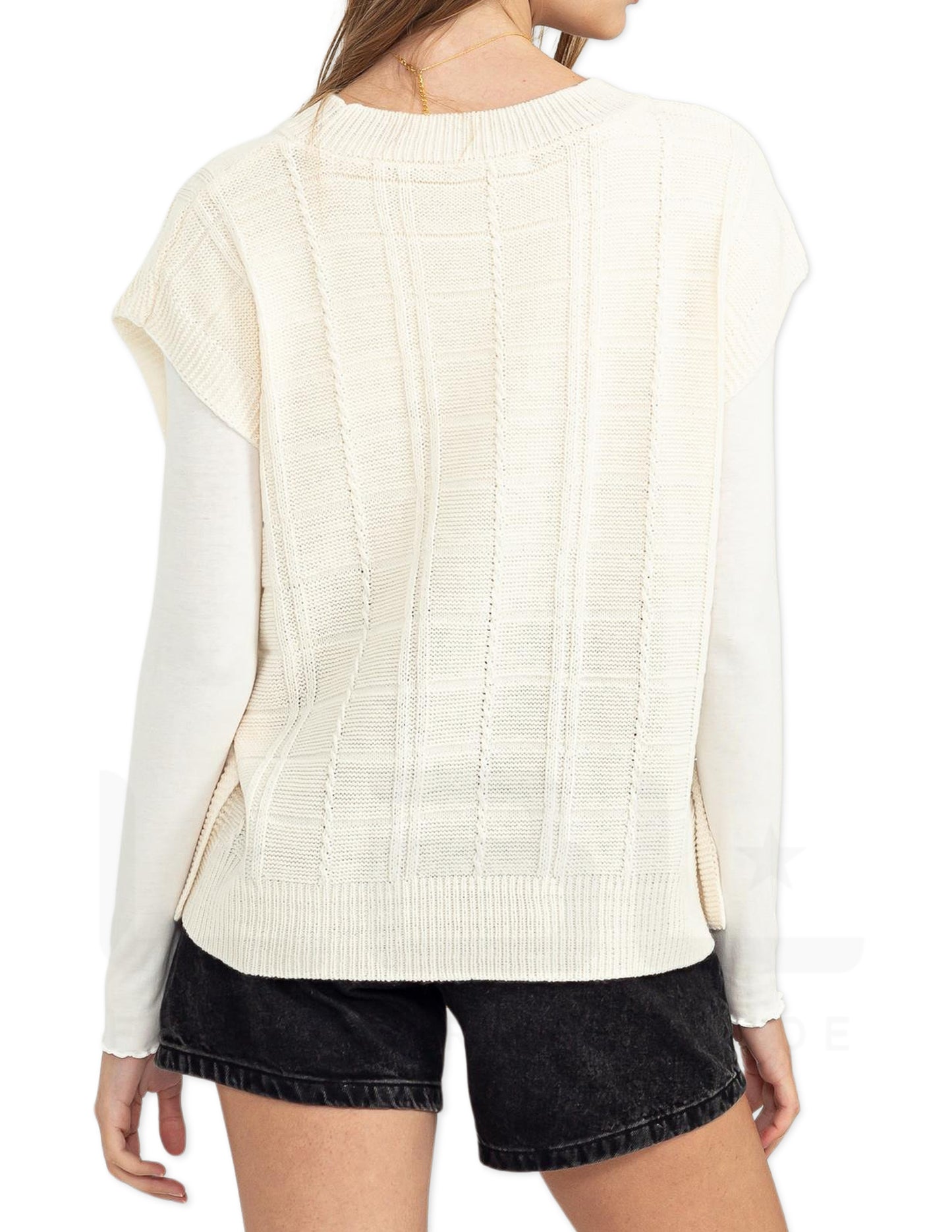 Sleeveless Oversized Cable Knit Sweater Vest - Cream