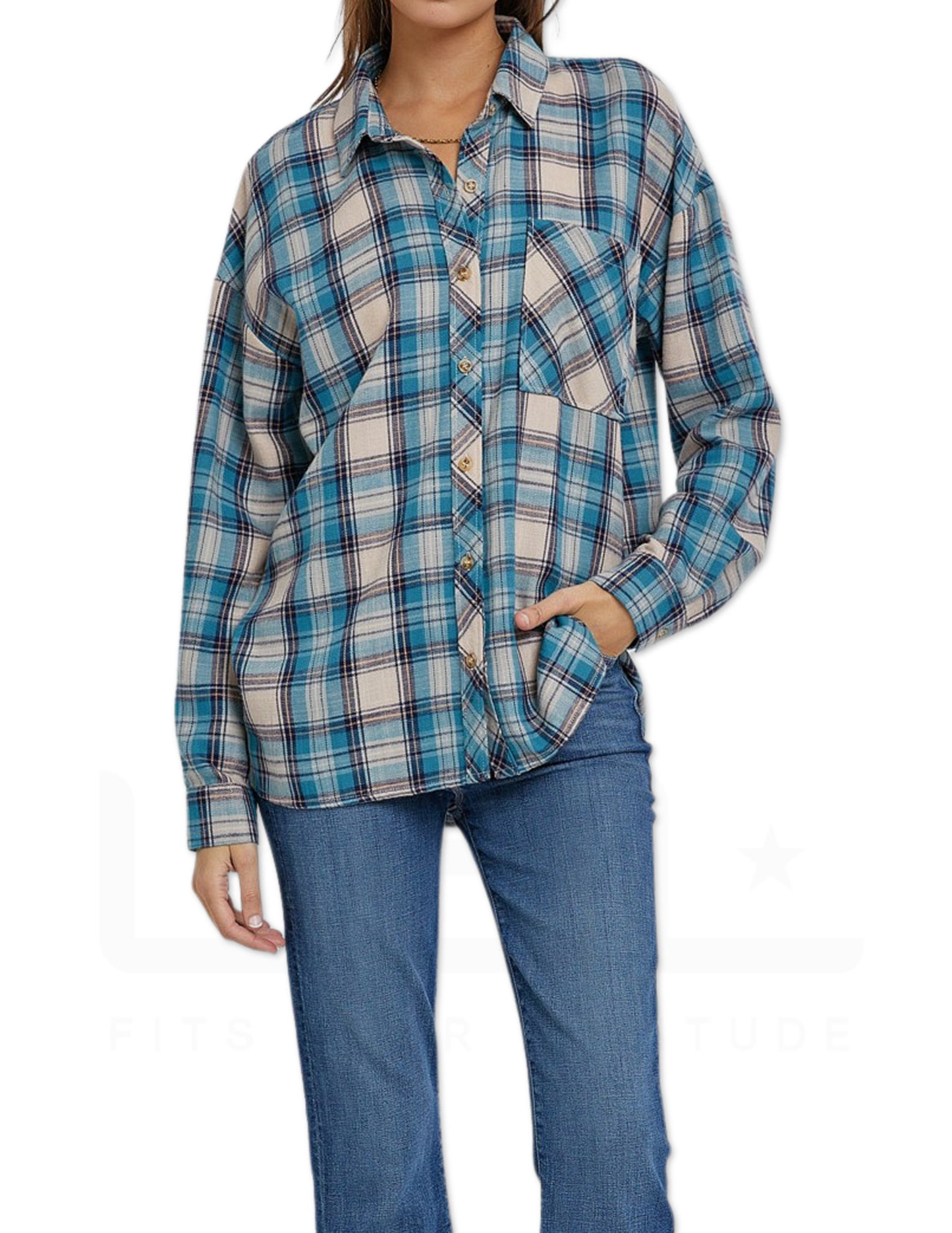 Oversized Boyfriend Flannel Shirt - Teal