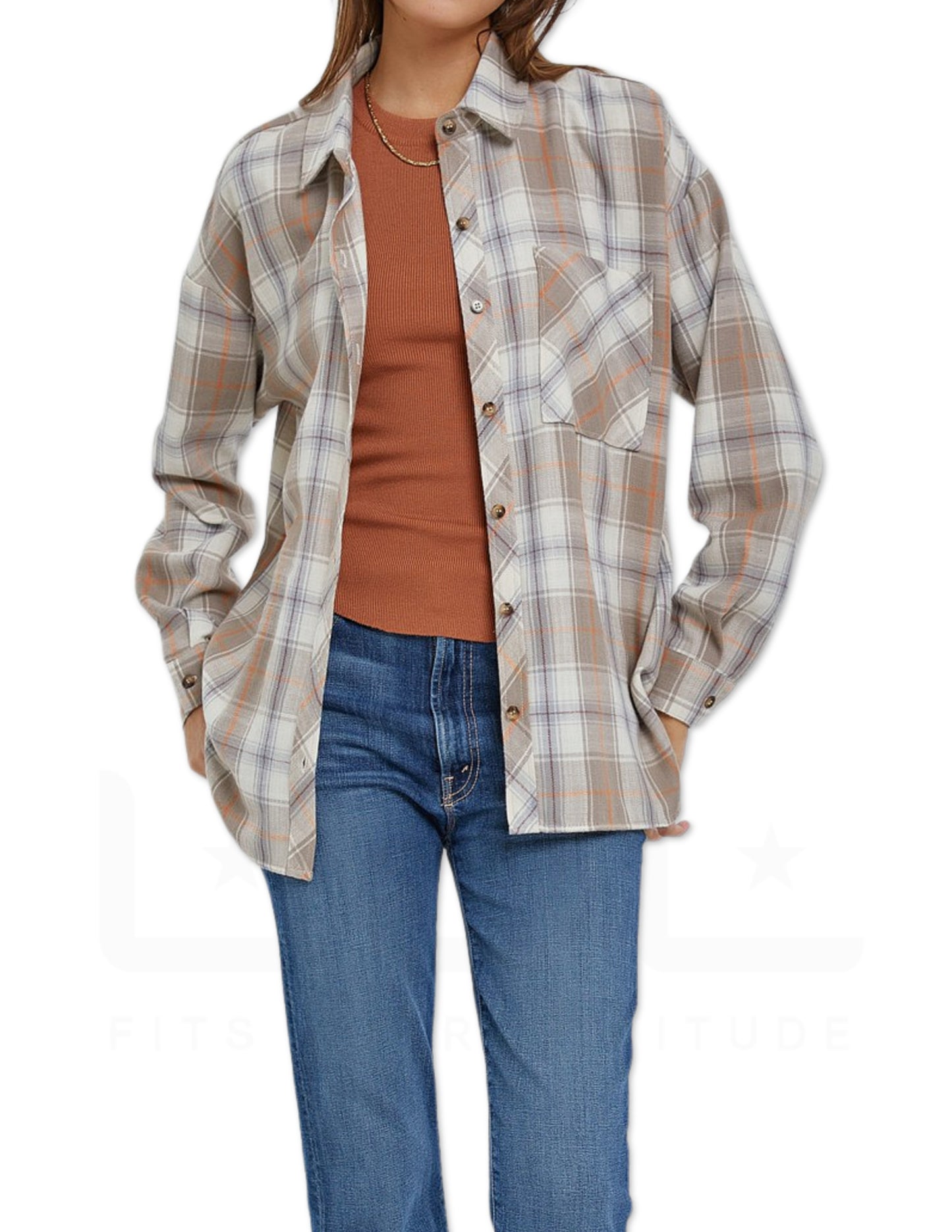 Oversized Boyfriend Flannel Shirt - Taupe