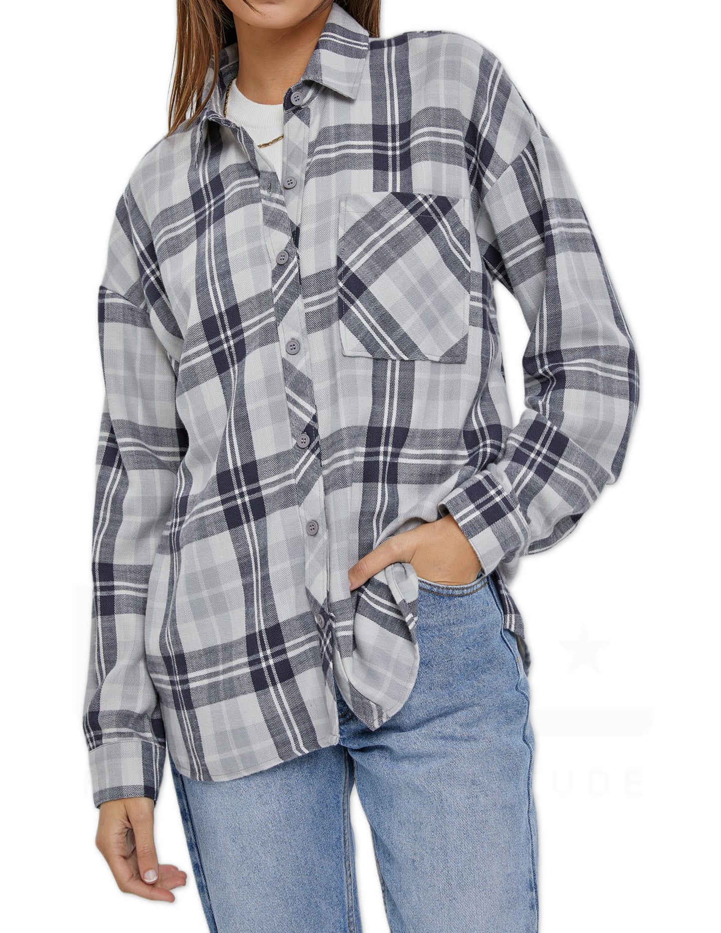 Oversized Boyfriend Flannel Shirt - Navy