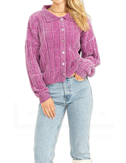 Collared Button Front Cardigan - Vintage Plum