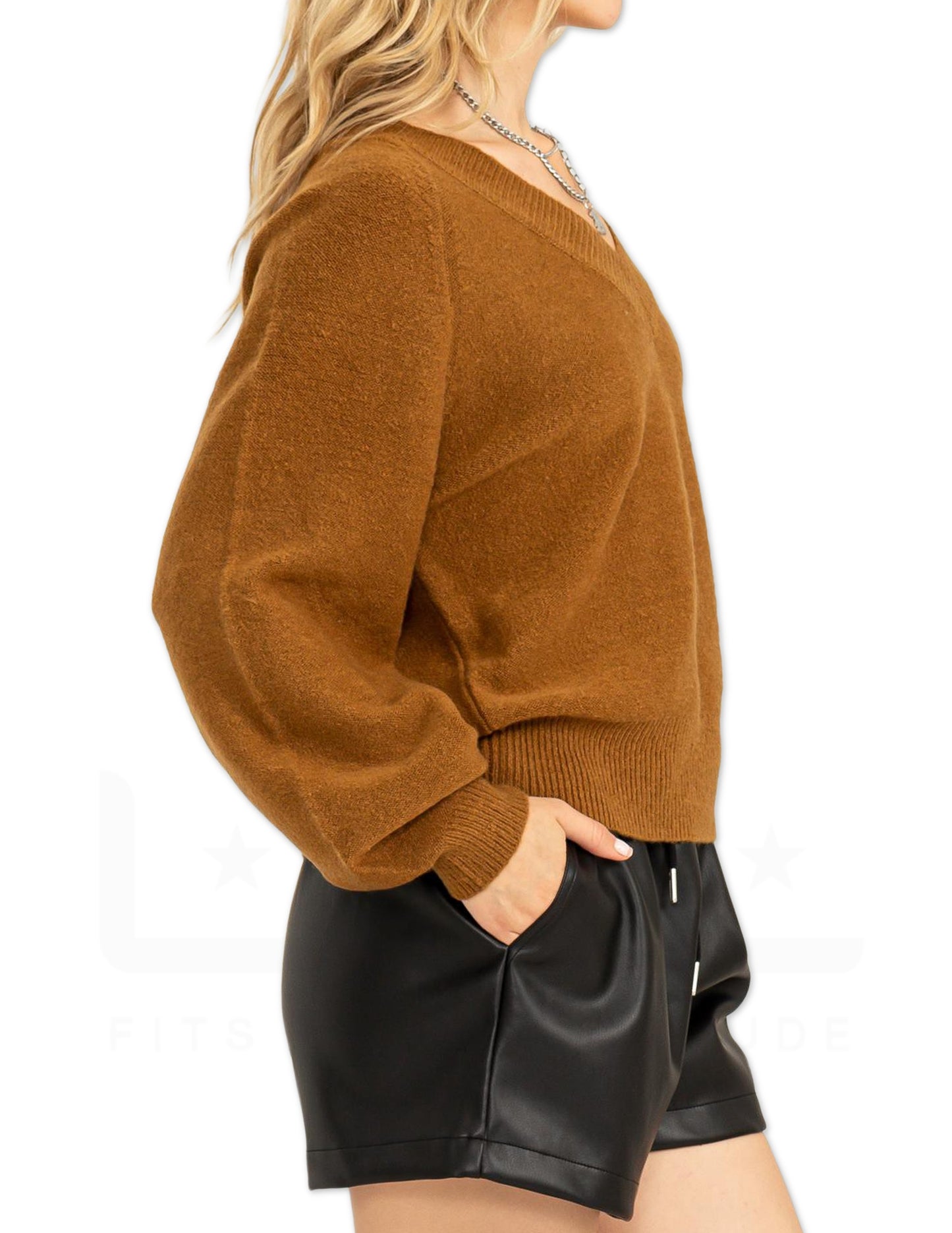 Deep V-Neckling Sweater - Pale Brown