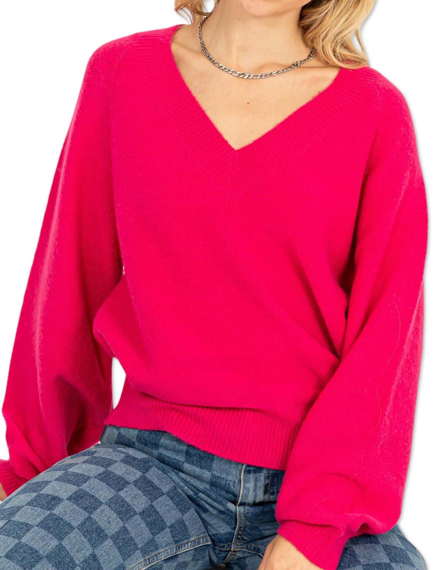 Deep V-Neckling Sweater - Fuchsia