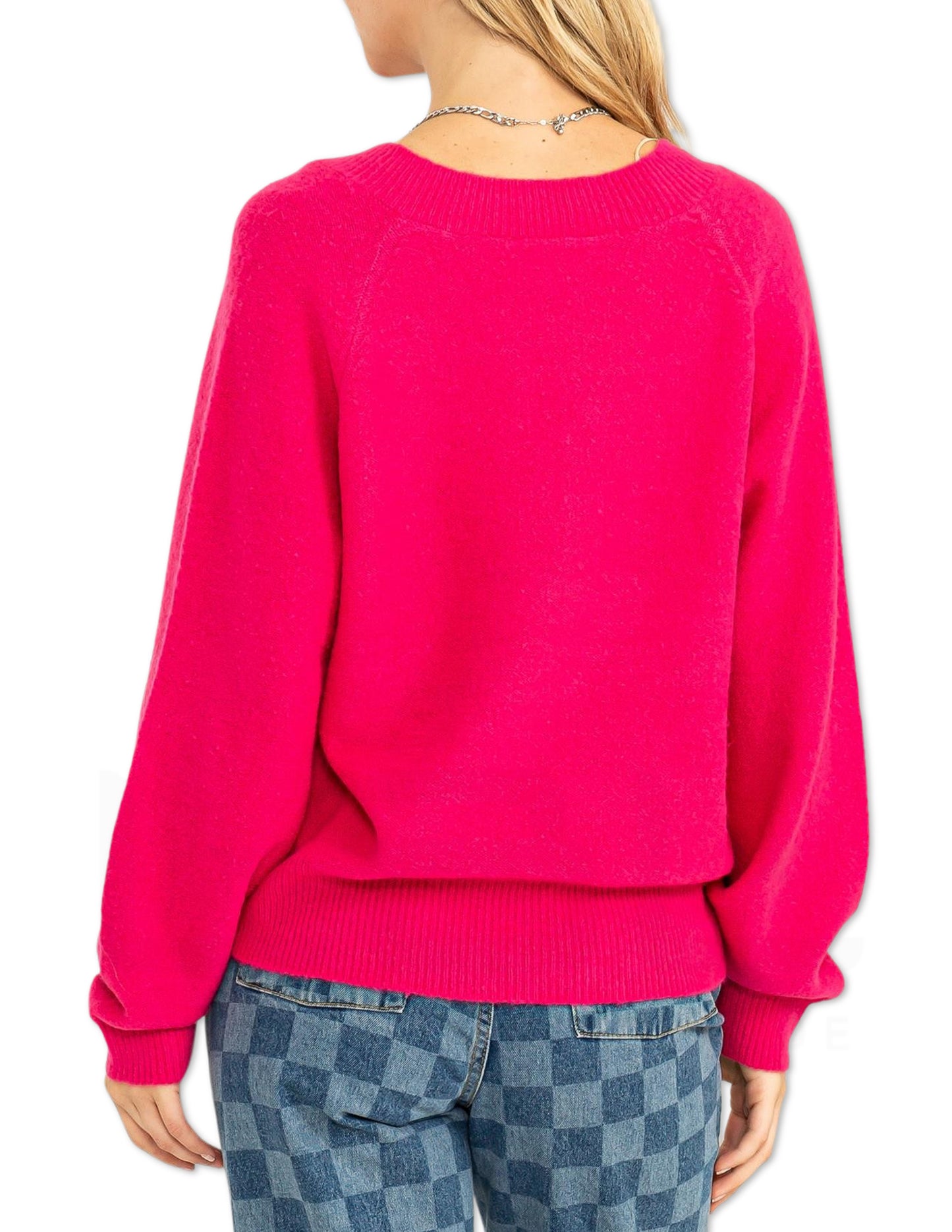 Deep V-Neckling Sweater - Fuchsia