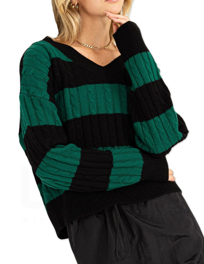 Striped Cable Knit Sweater - Green