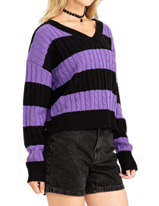 Striped Cable Knit Sweater - Purple