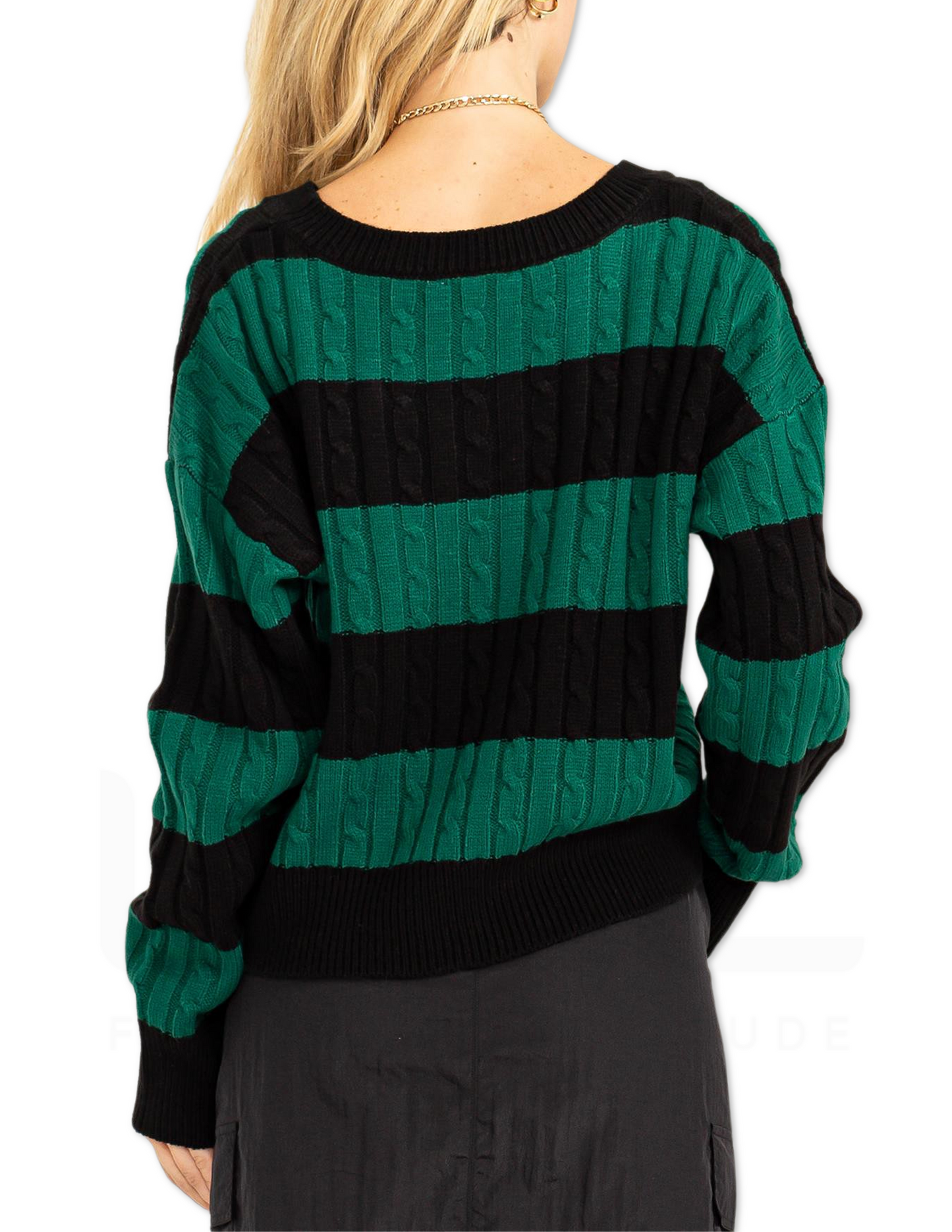 Striped Cable Knit Sweater - Green