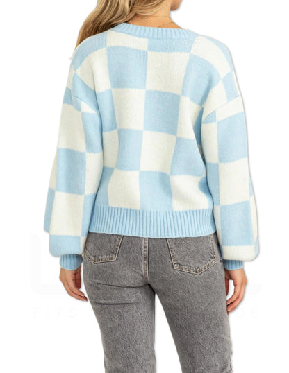 Checkered Cardigan Sweater - Blue and Cream