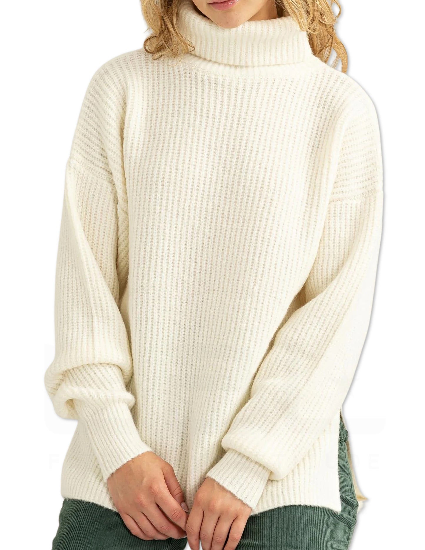 Turtleneck Side Slit Sweater - Cream
