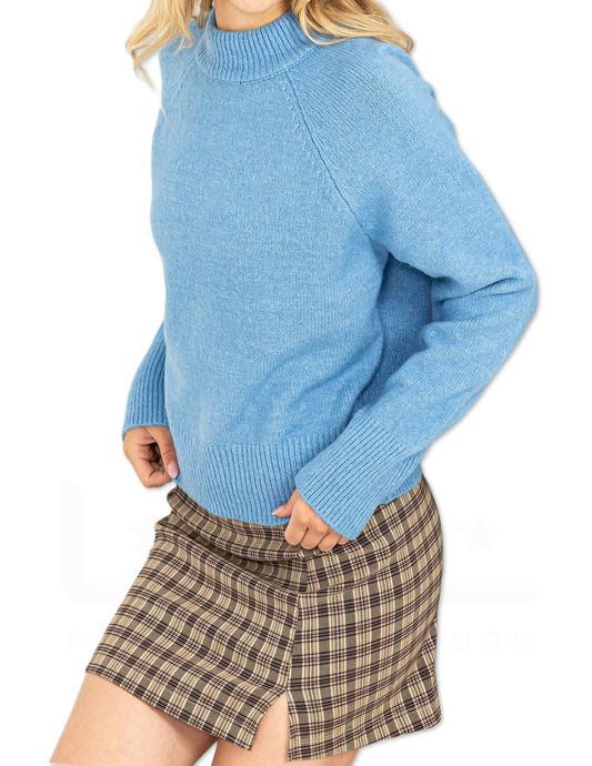 High Neck Raglan Sleeve Sweater - Blue