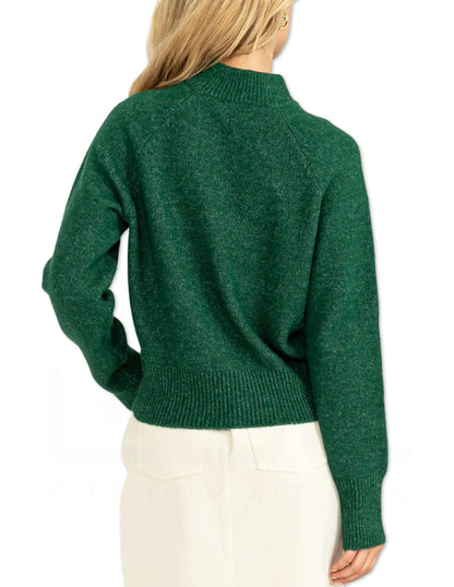 High Neck Raglan Sleeve Sweater - Pine Green