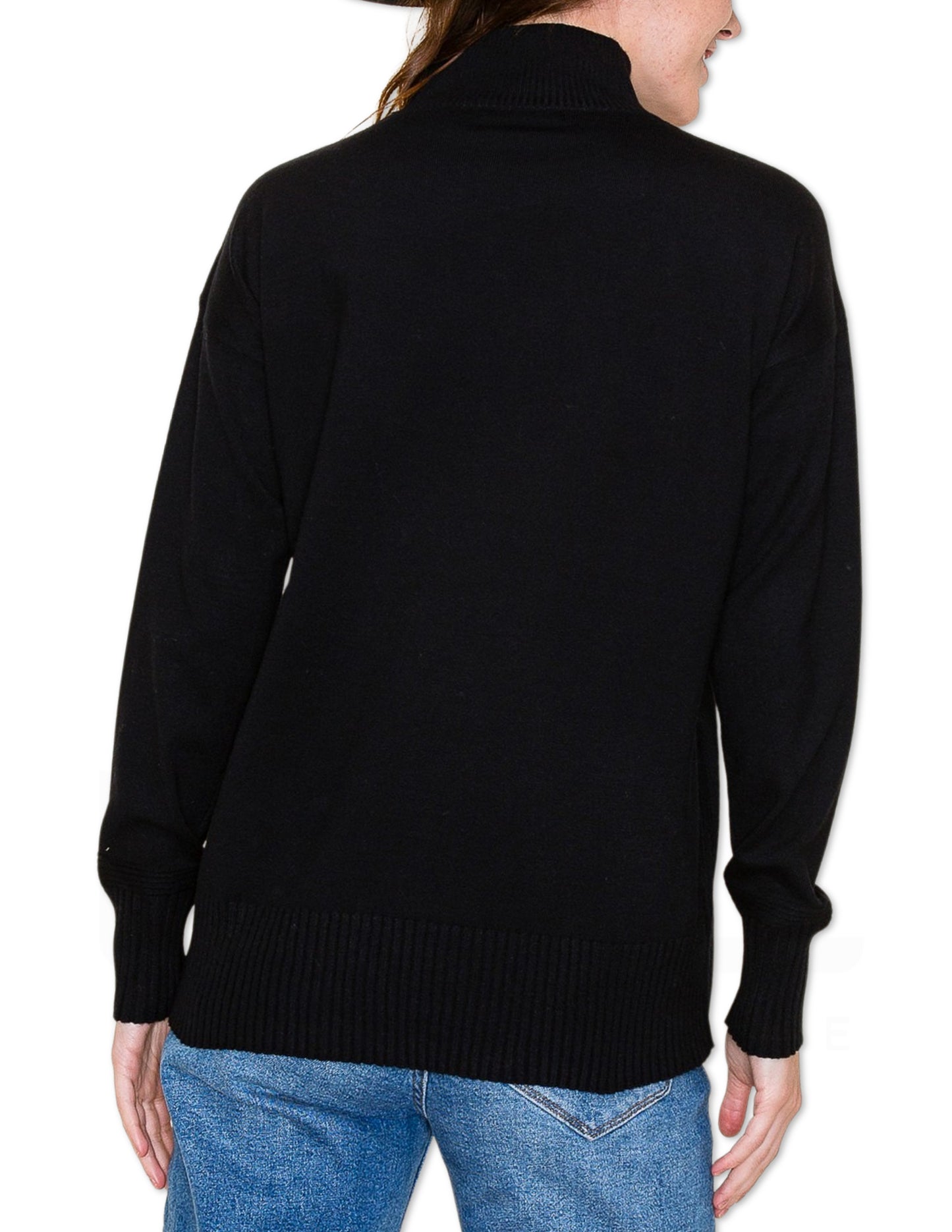 Button Shoulder Turtleneck Sweater - Black