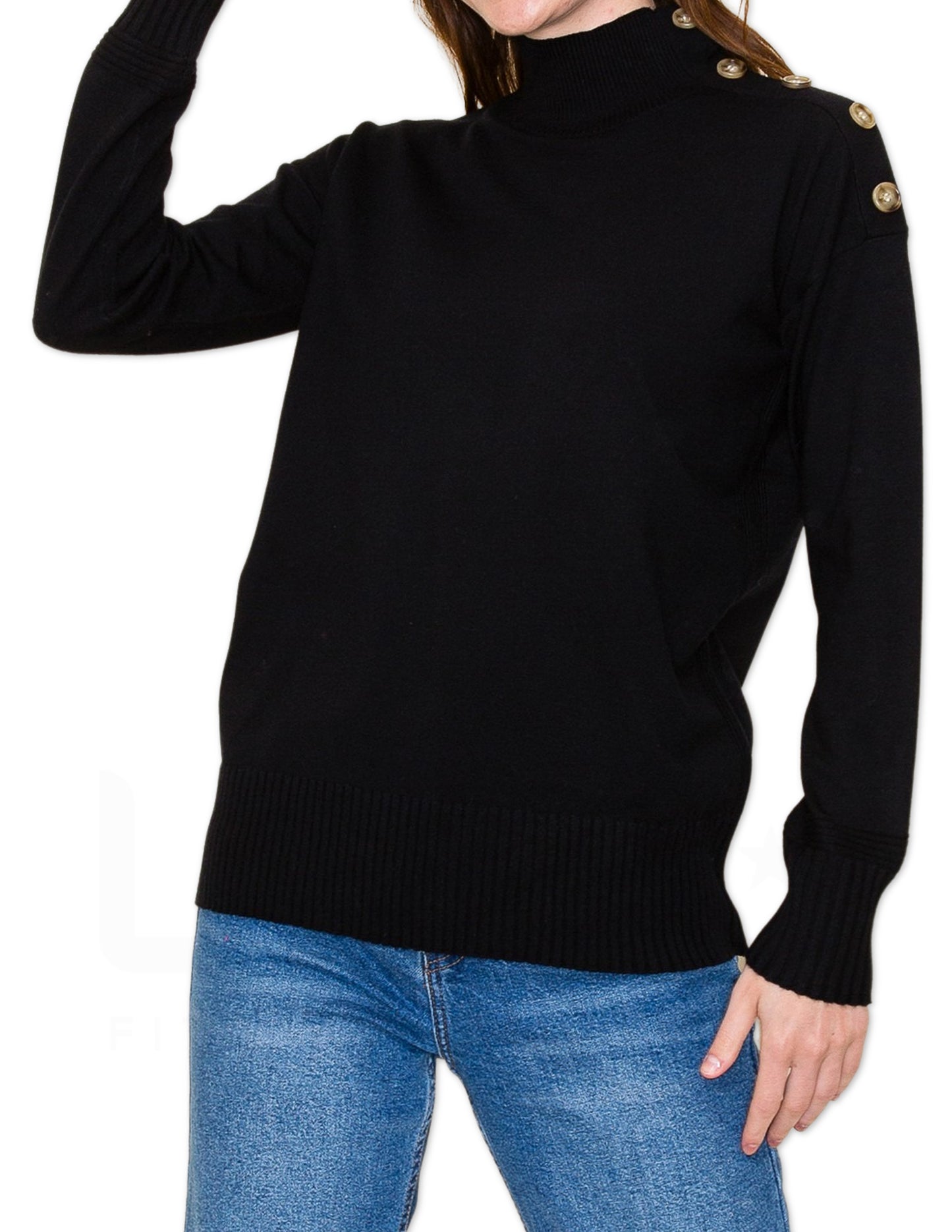 Button Shoulder Turtleneck Sweater - Black
