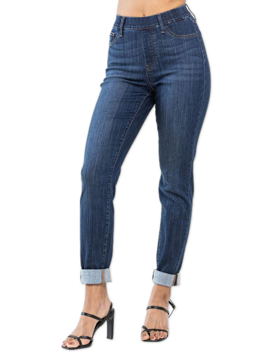 High Waist Pull On Double Cuff Slim Jean