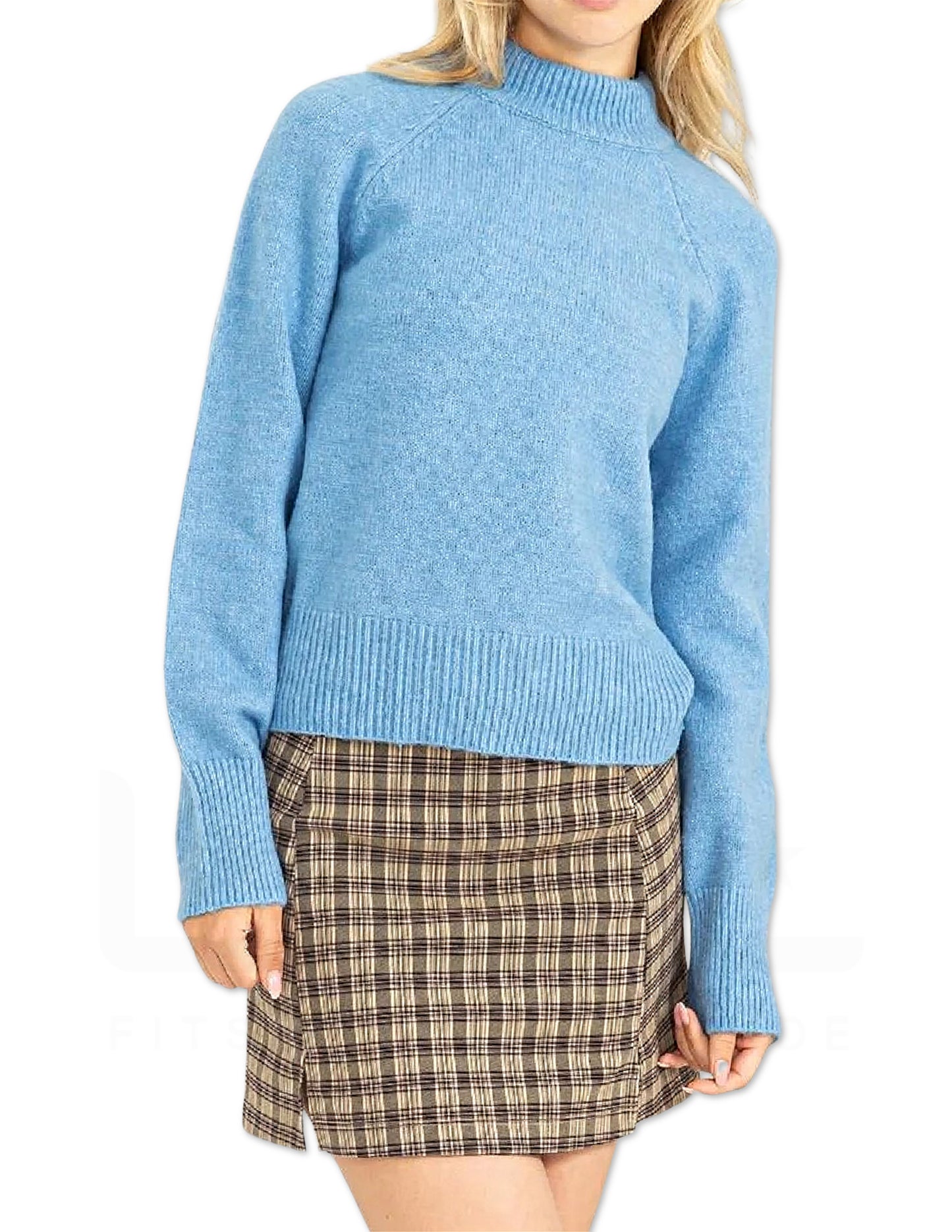 High Neck Raglan Sleeve Sweater - Blue
