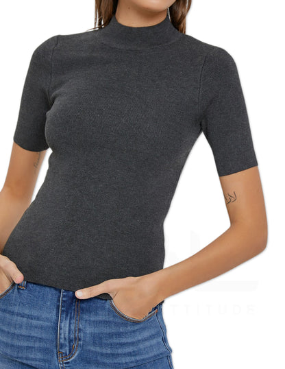 Ribbed Mock Neck Sweater - Charcoal