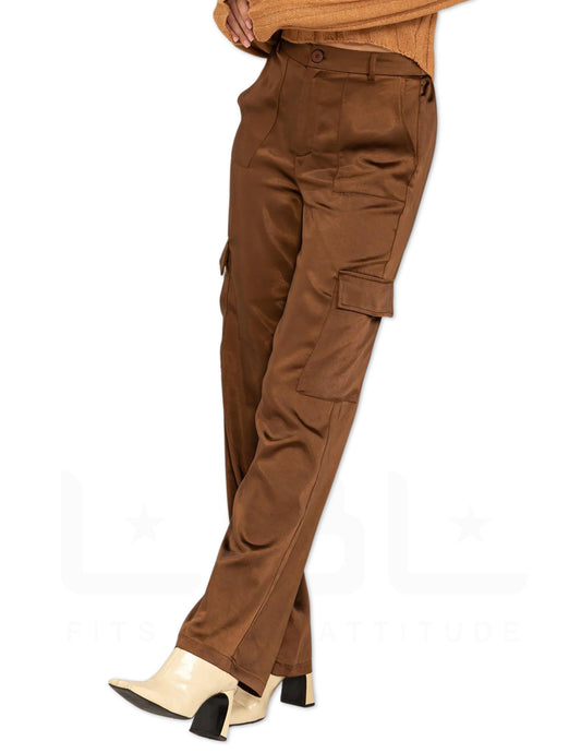 High Waist Satin Cargo Pants - Brown