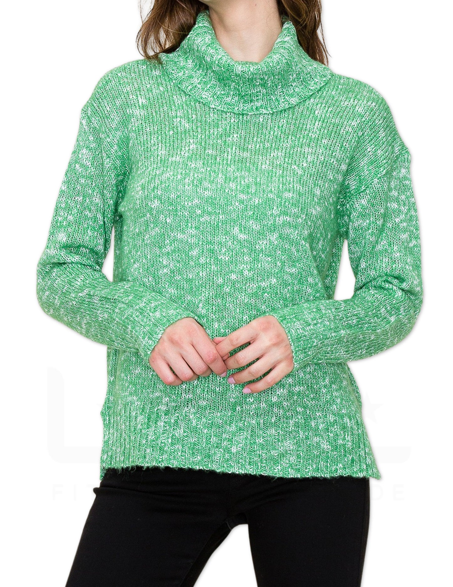 Rib Contrast Turtleneck Sweater - Green
