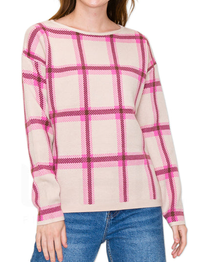 Checkered Pullover Sweater - Taupe and Pink