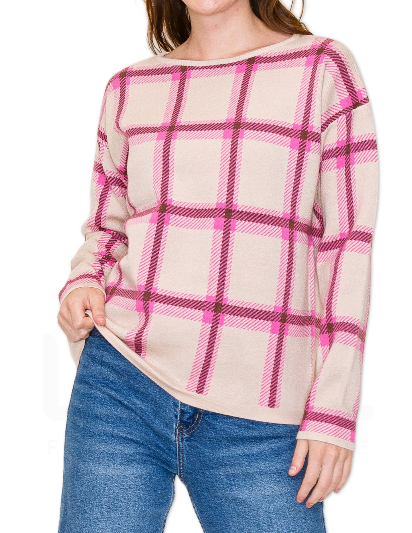 Checkered Pullover Sweater - Taupe and Pink