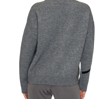 Gray sweater worn by a person on a white background