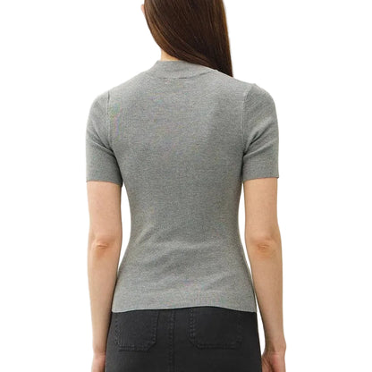Grey Ribbed Short Sleeve Mock Neck Sweater