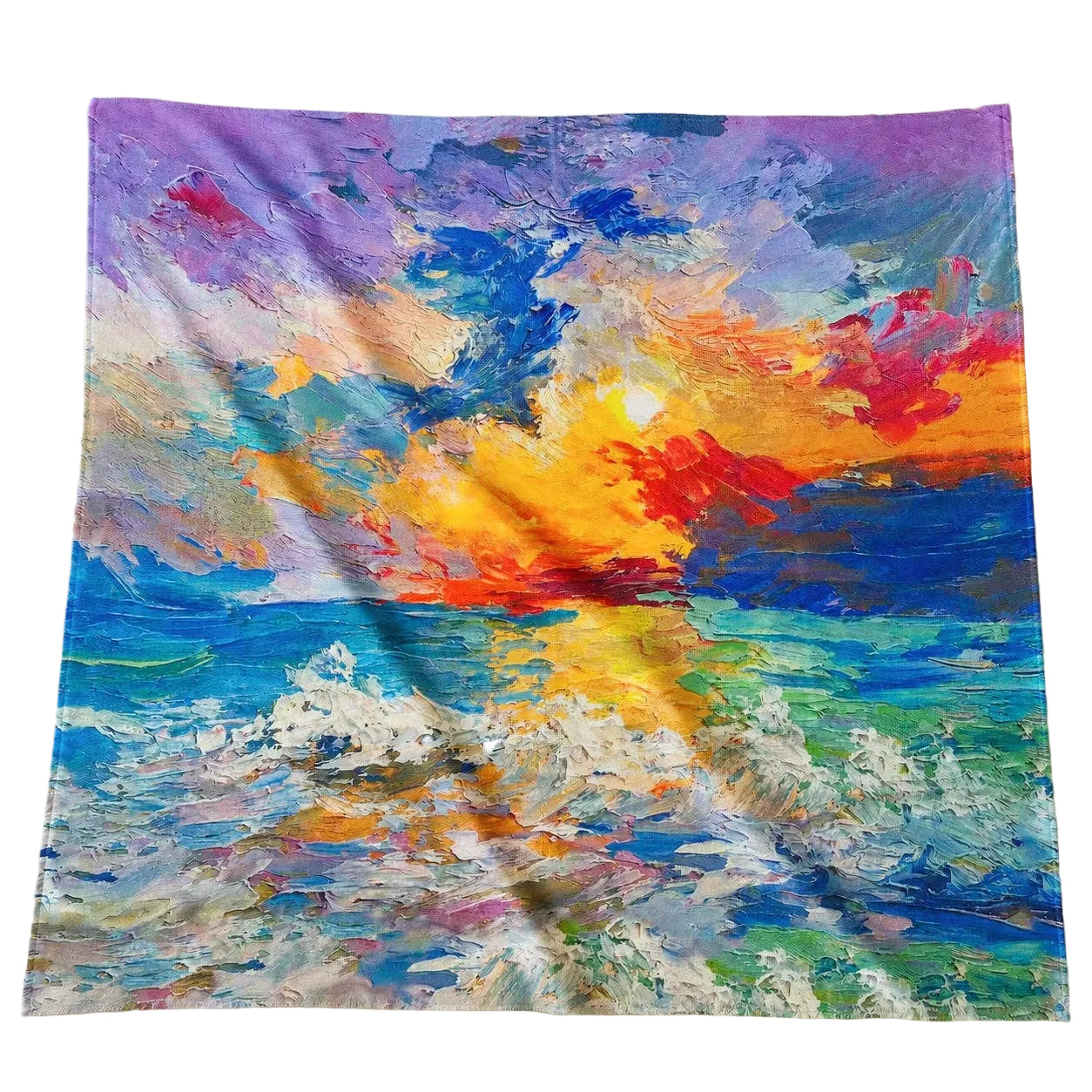 Colorful abstract painting of a sunset over water on a beige background