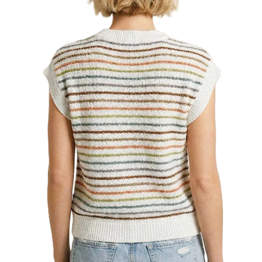 Person wearing a sleeveless, multicolored striped sweater with a plain background