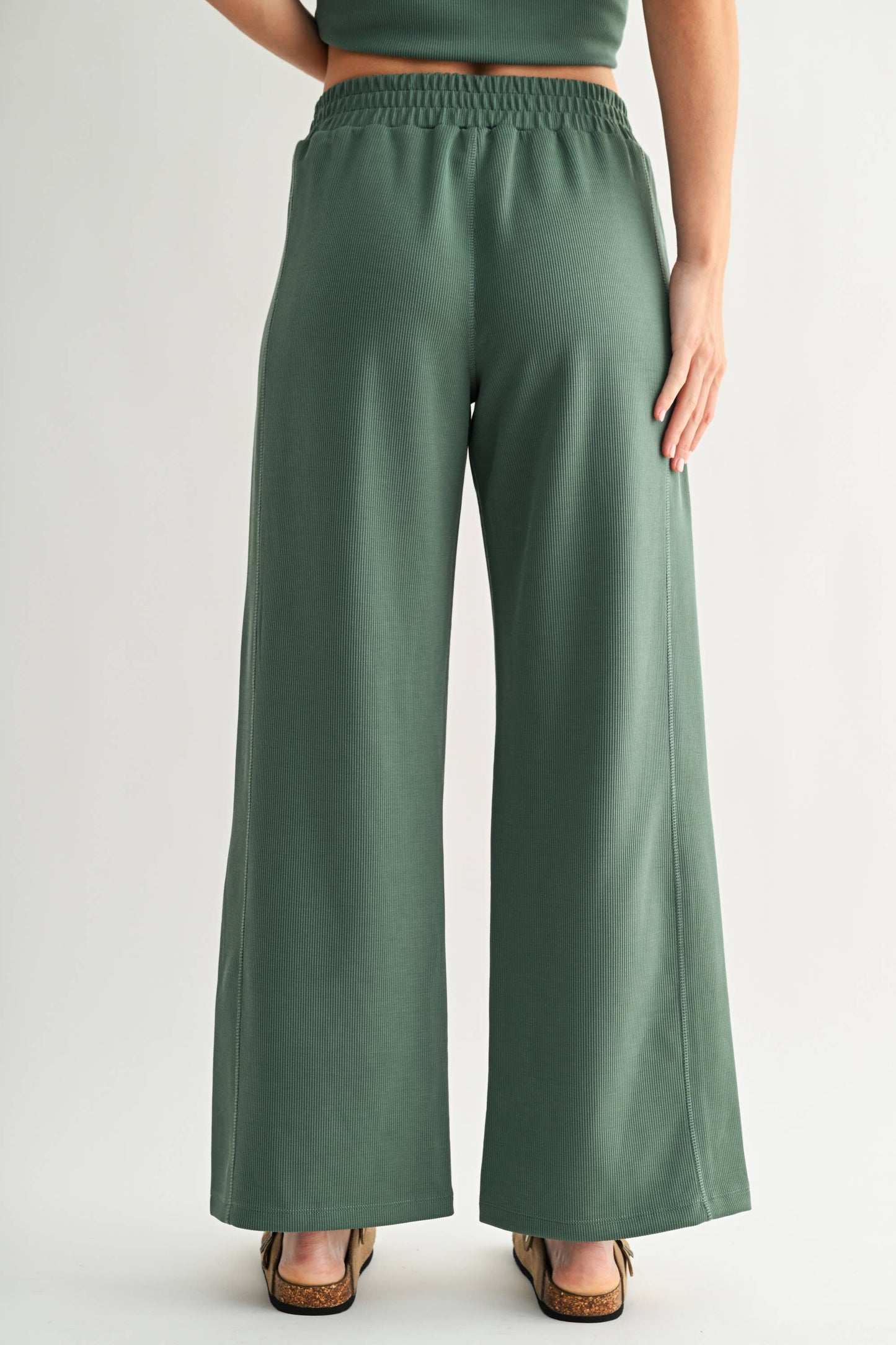 Elder Green Luxe Sand Wash Rib Wide-Leg Pants