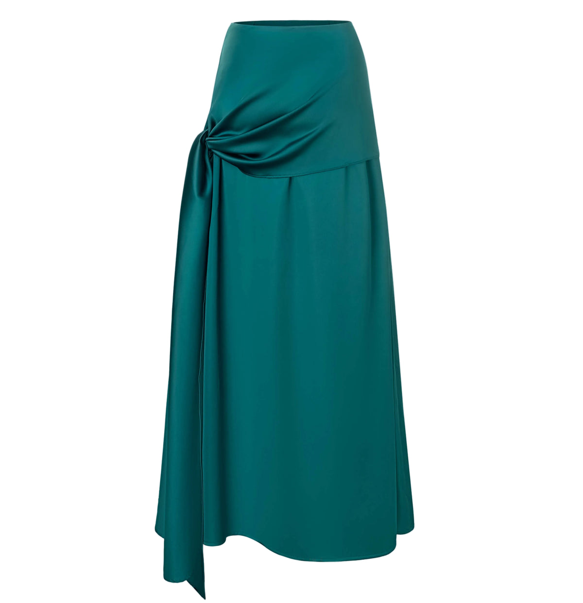 A teal green midi skirt with a draped, gathered waist and a side tie detail, shown against a plain white background.