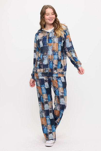 PATCHWORK CAT PRINT TUNIC HOODIE